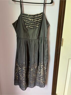 burlapp navy blue dress with cream lace accents